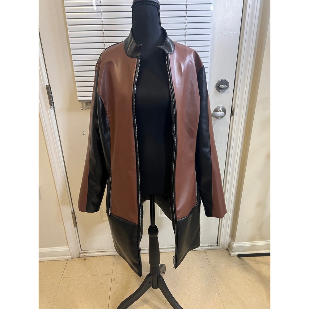 Plus Size Faux Leather Color Block Mid Length Zip Front Jacket 2XL - Picture 2 of 13
